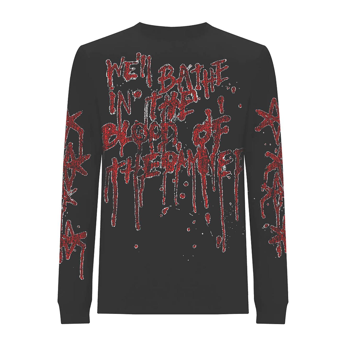 Black unisex long-sleeve regular fit T-shirt with red 'We Bathe in the Blood of the Damned' text print across the back.