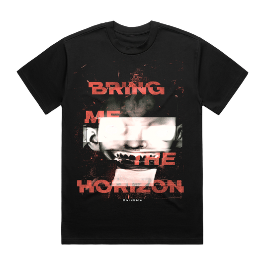 Black short-sleeve unisex regular fit T-shirt with Bring Me the Horizon glitch print across the front.
