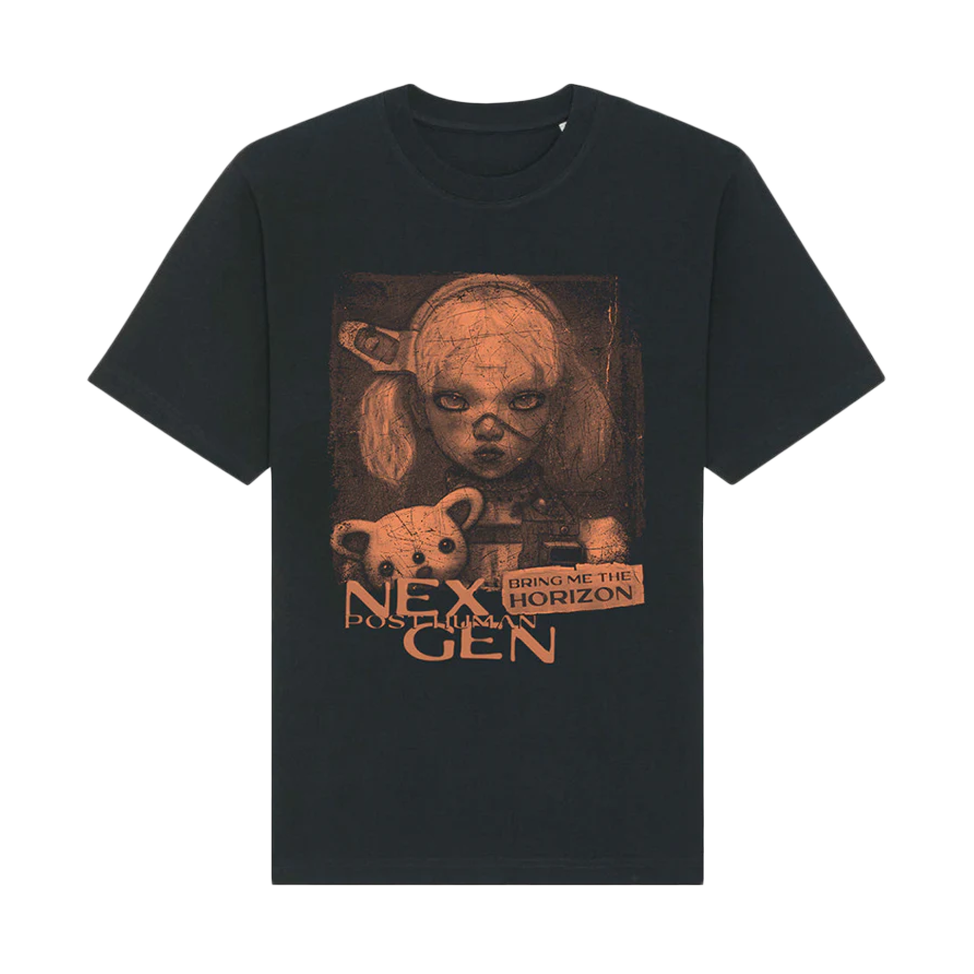 Black unisex short-sleeve regular fit T-shirt with Bring Me the Horizon Post Human: NeX GEn print across the front.