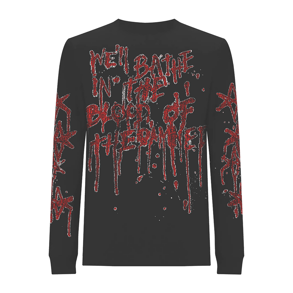 Black unisex long-sleeve regular fit T-shirt with red 'We Bathe in the Blood of the Damned' text print across the back.