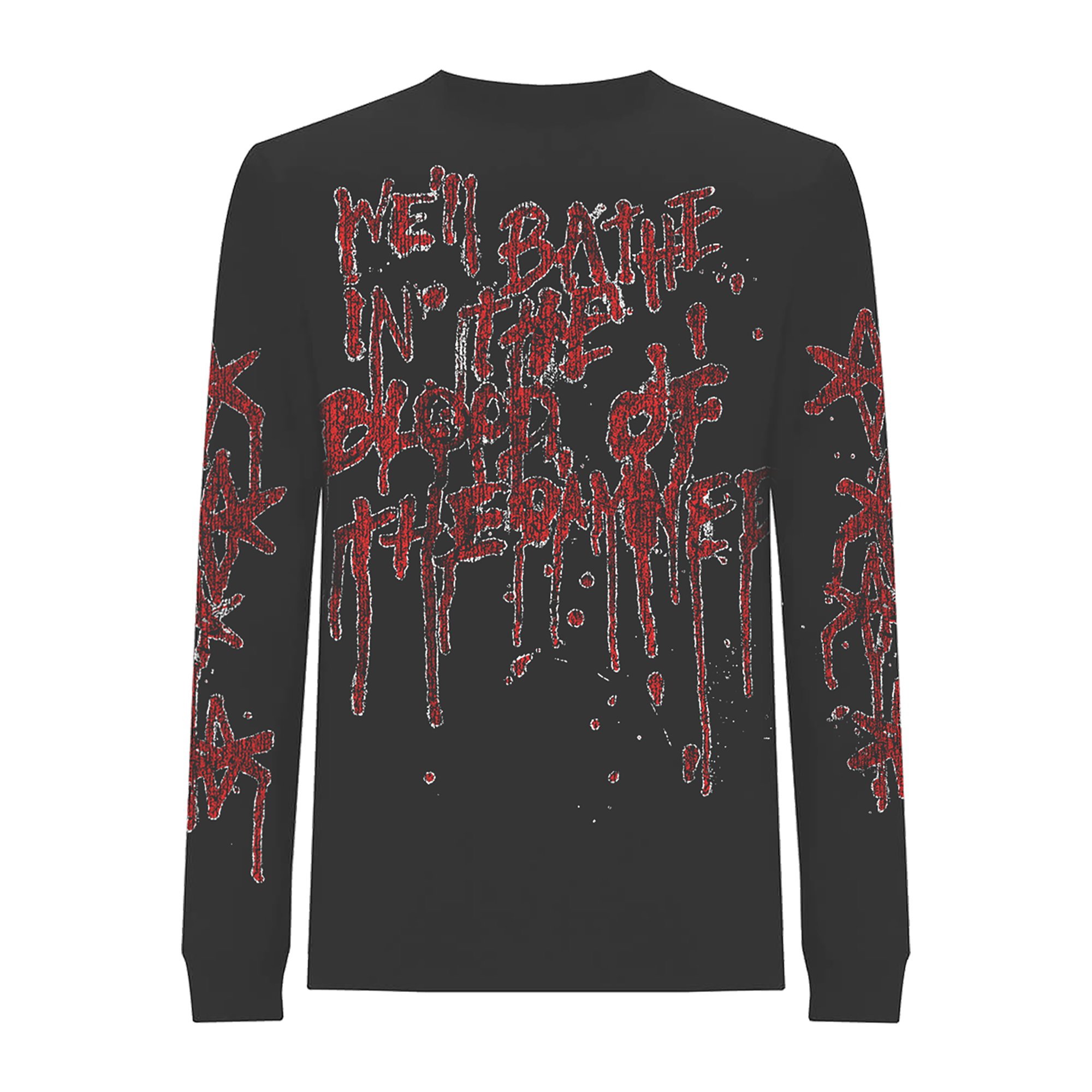 Black unisex long-sleeve regular fit T-shirt with red 'We Bathe in the Blood of the Damned' text print across the back.