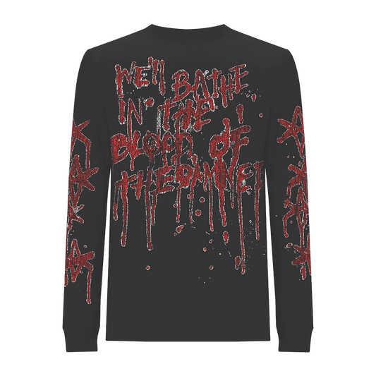 Black unisex long-sleeve regular fit T-shirt with red 'We Bathe in the Blood of the Damned' text print across the back.