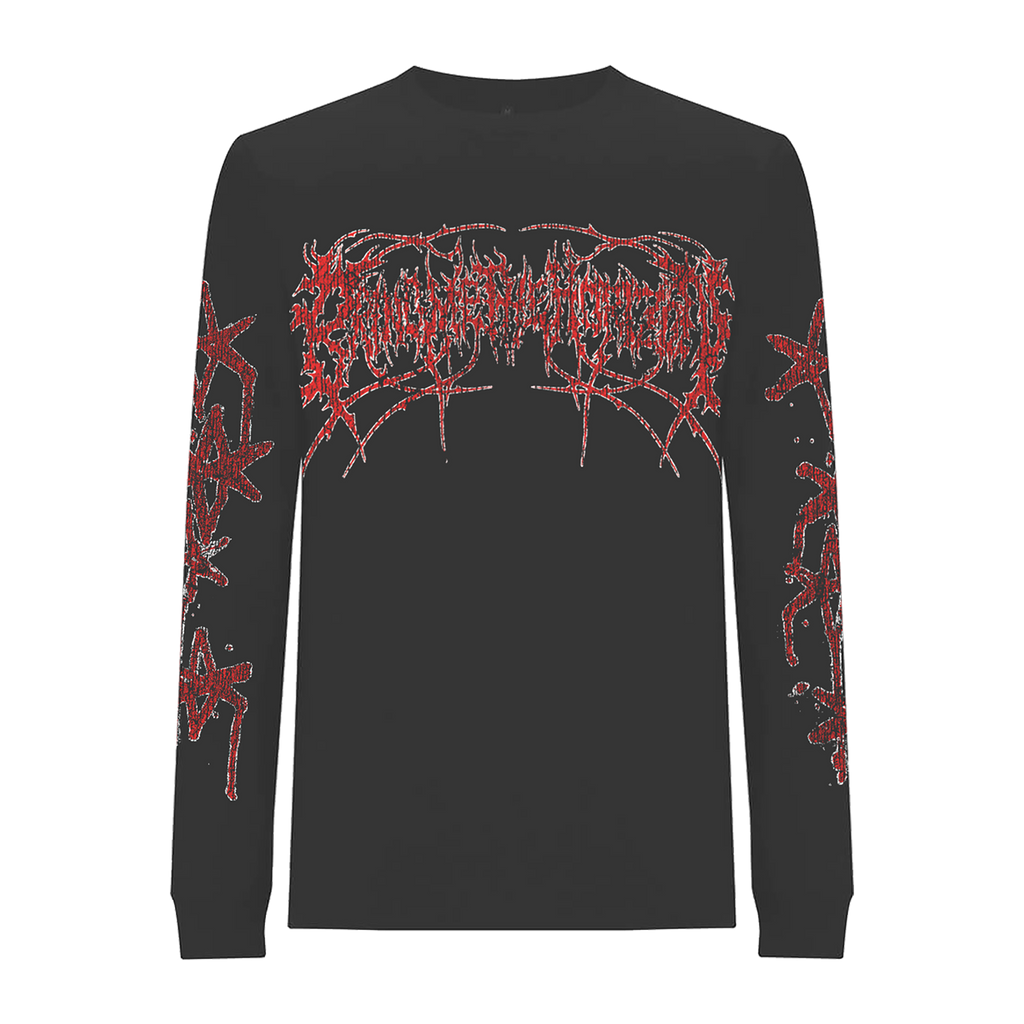 Black unisex long-sleeve regular fit T-shirt with red Bring Me the Horizon text print across the front and along the sleeves.