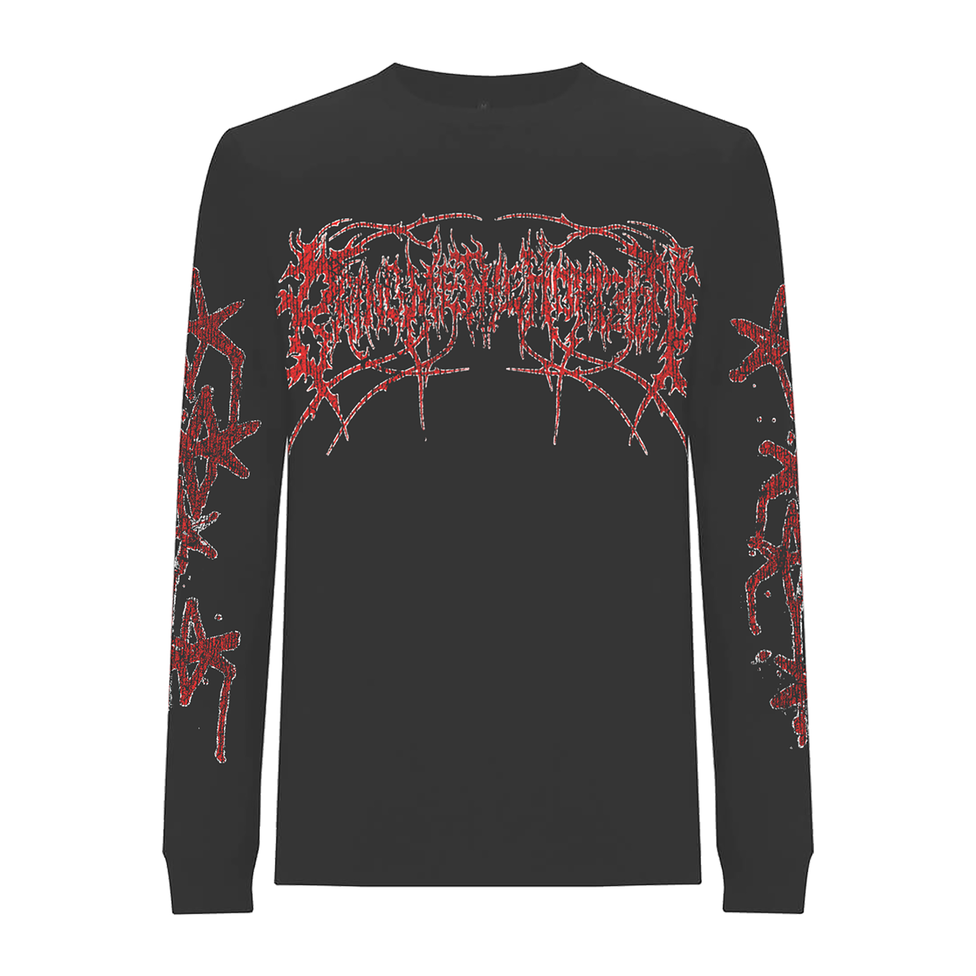 Black unisex long-sleeve regular fit T-shirt with red Bring Me the Horizon text print across the front and along the sleeves.