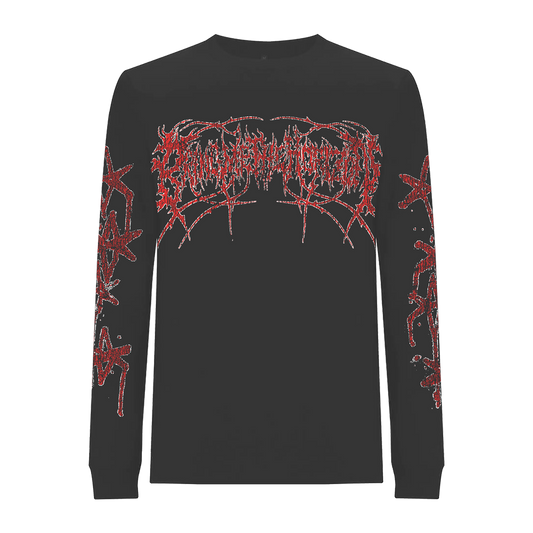 Black unisex long-sleeve regular fit T-shirt with red Bring Me the Horizon text print across the front and along the sleeves.