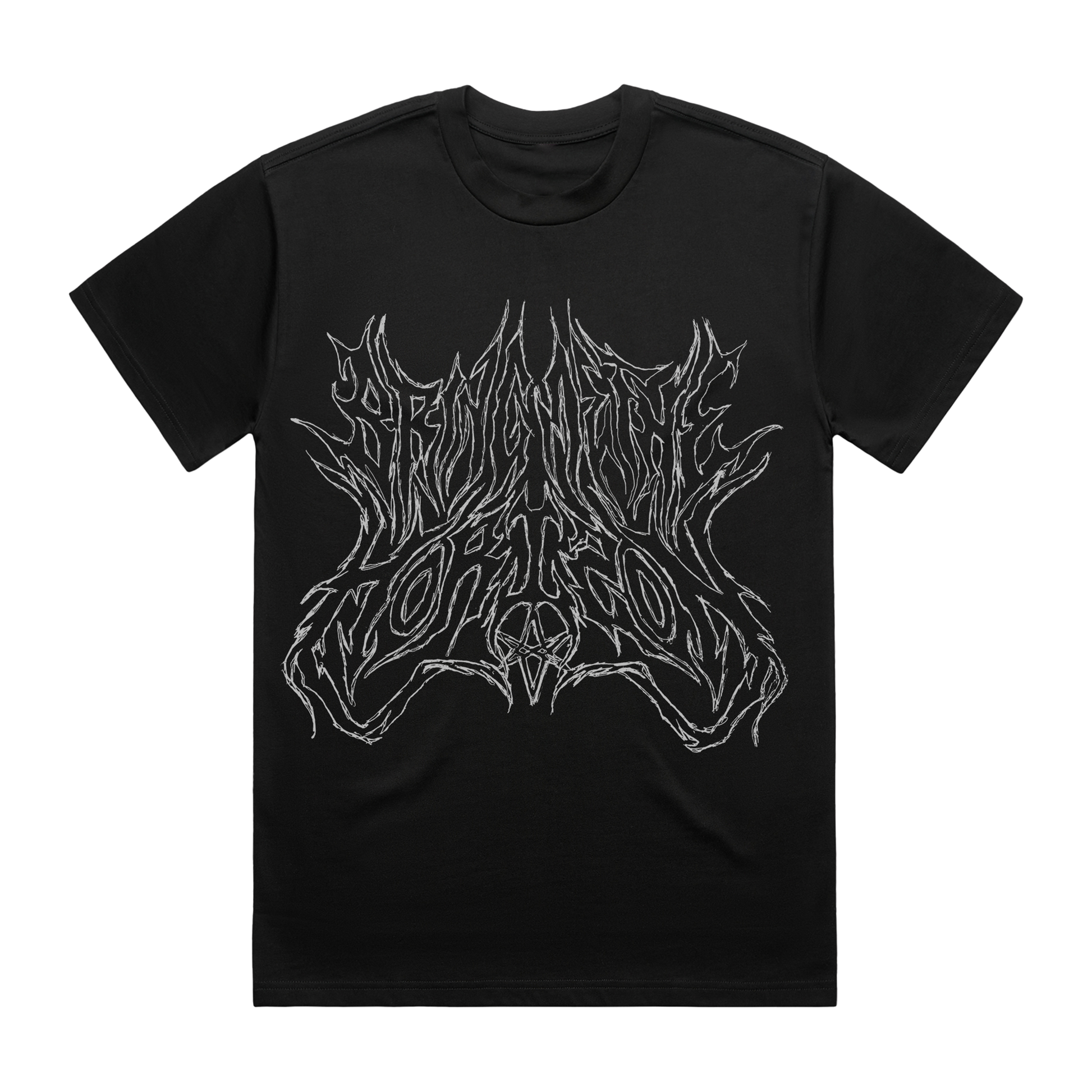 Front view of a black short-sleeve unisex T-Shirt with white Bring me The Horizon text print across the front