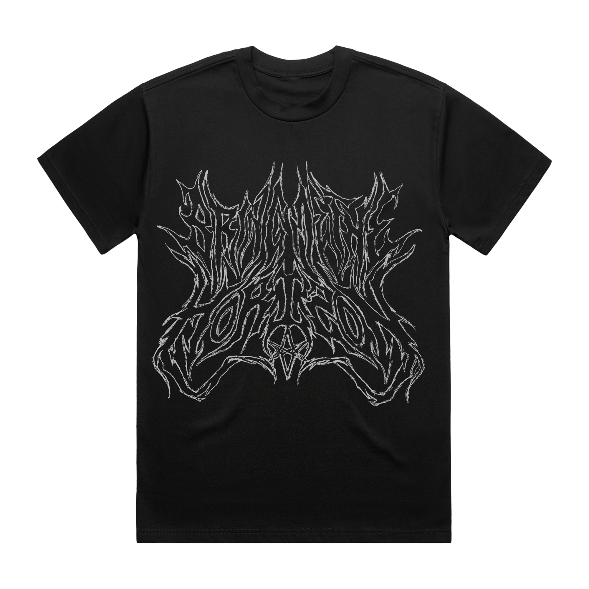 Front view of a black short-sleeve unisex T-Shirt with white Bring me The Horizon text print across the front