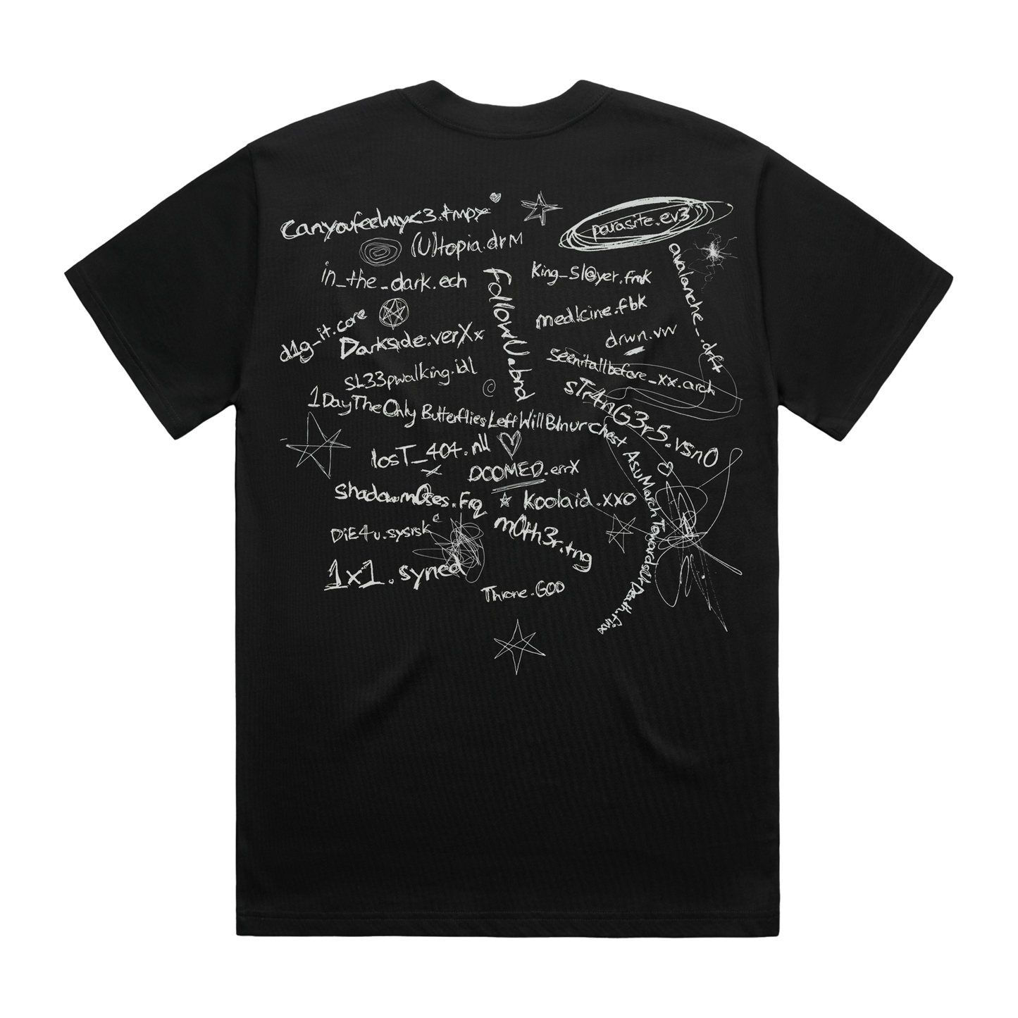 Back view of a black short-sleeve unisex T-Shirt with white Bring me The Horizon lo-files tracklist print all-over the back