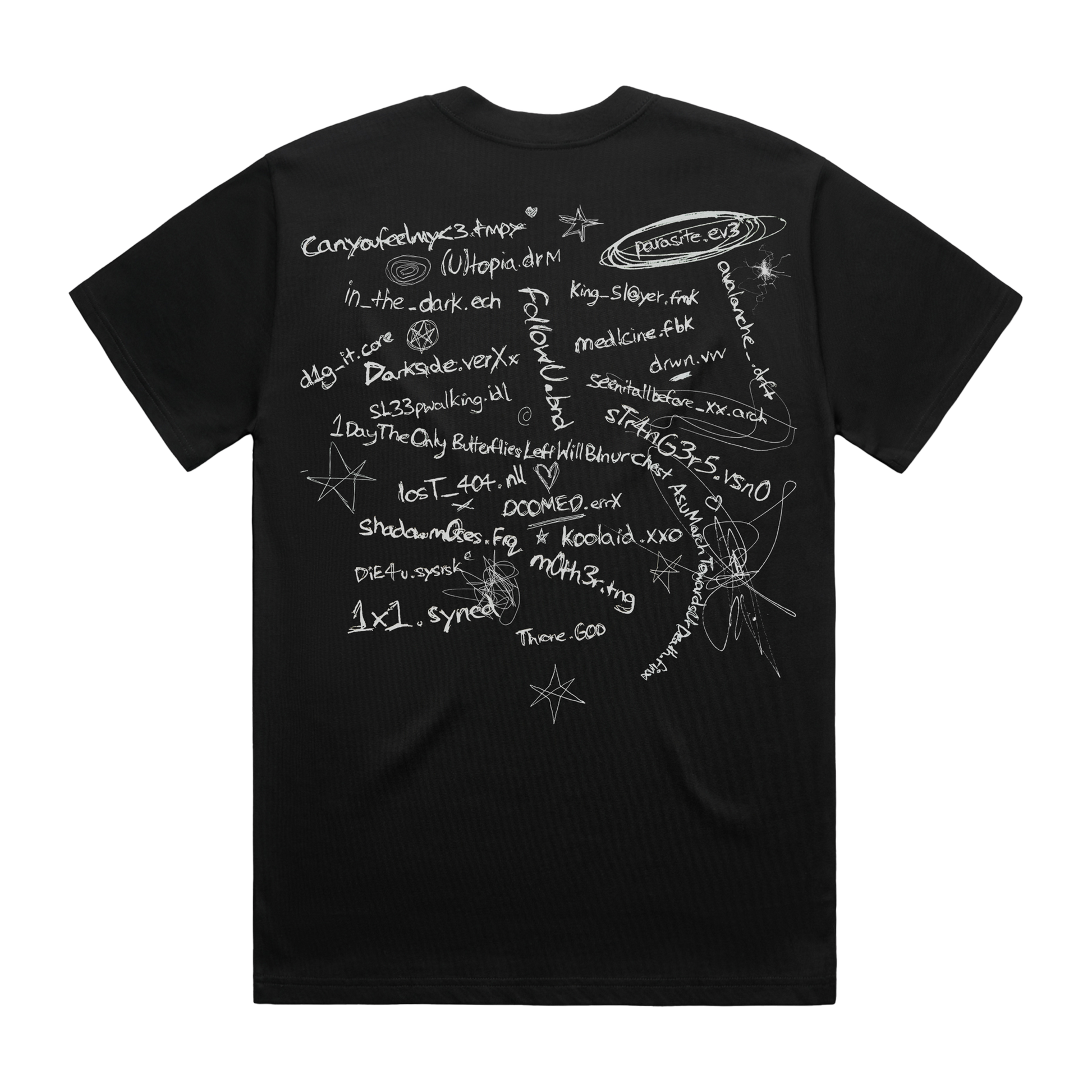 Back view of a black short-sleeve unisex T-Shirt with white Bring me The Horizon lo-files tracklist print all-over the back