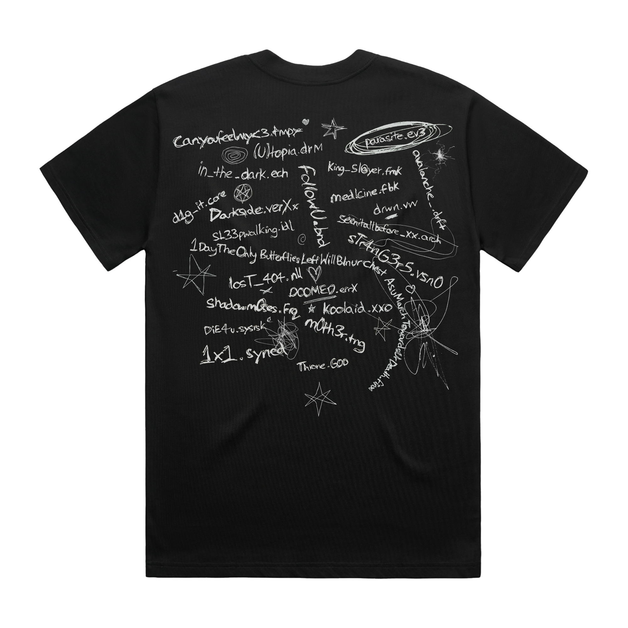 Back view of a black short-sleeve unisex T-Shirt with white Bring me The Horizon lo-files tracklist print all-over the back