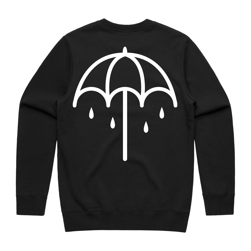 Black crewneck sweatshirt with a white umbrella print across the back.