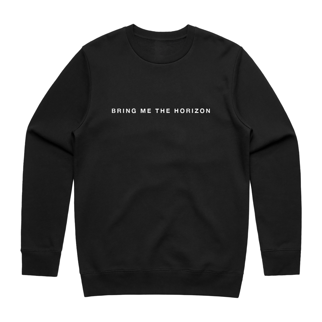 Black crewneck with white text reading “Bring Me the Horizon” across the chest.