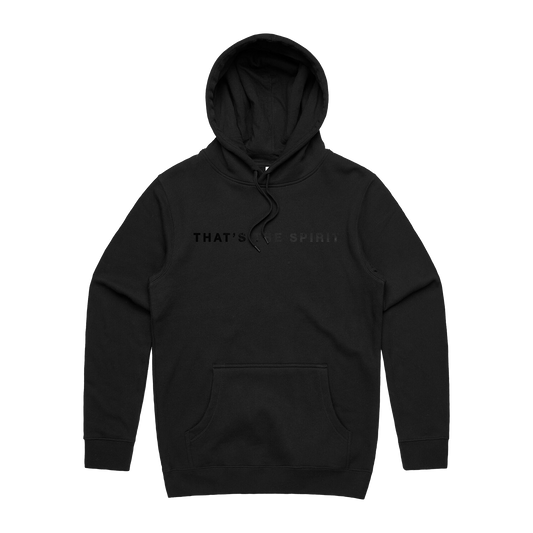 Washed black hoodie with a bold black 'That's the Sprit' text print across the front