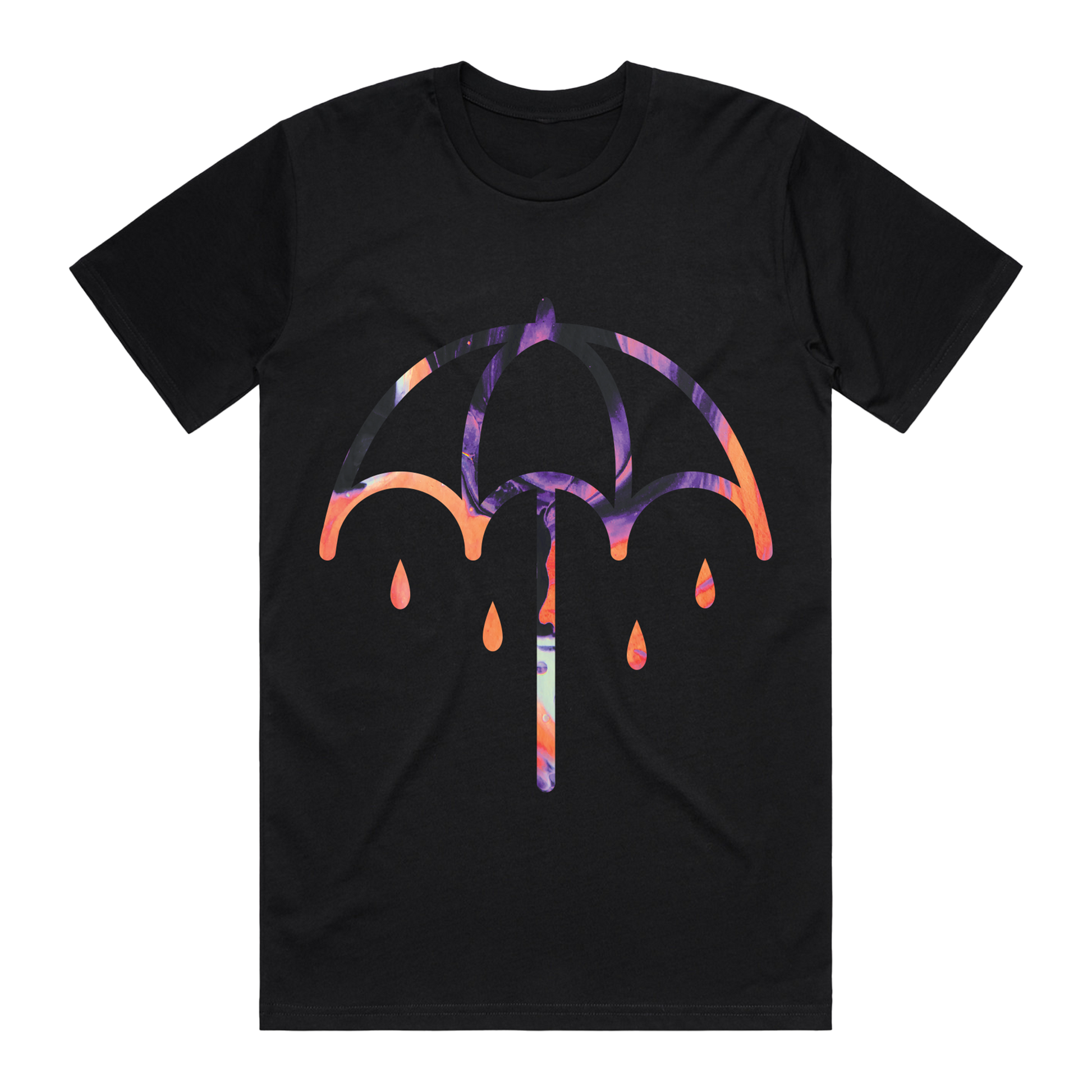 Black short-sleeve T-Shirt with a colourful Umbrella print centred across the front