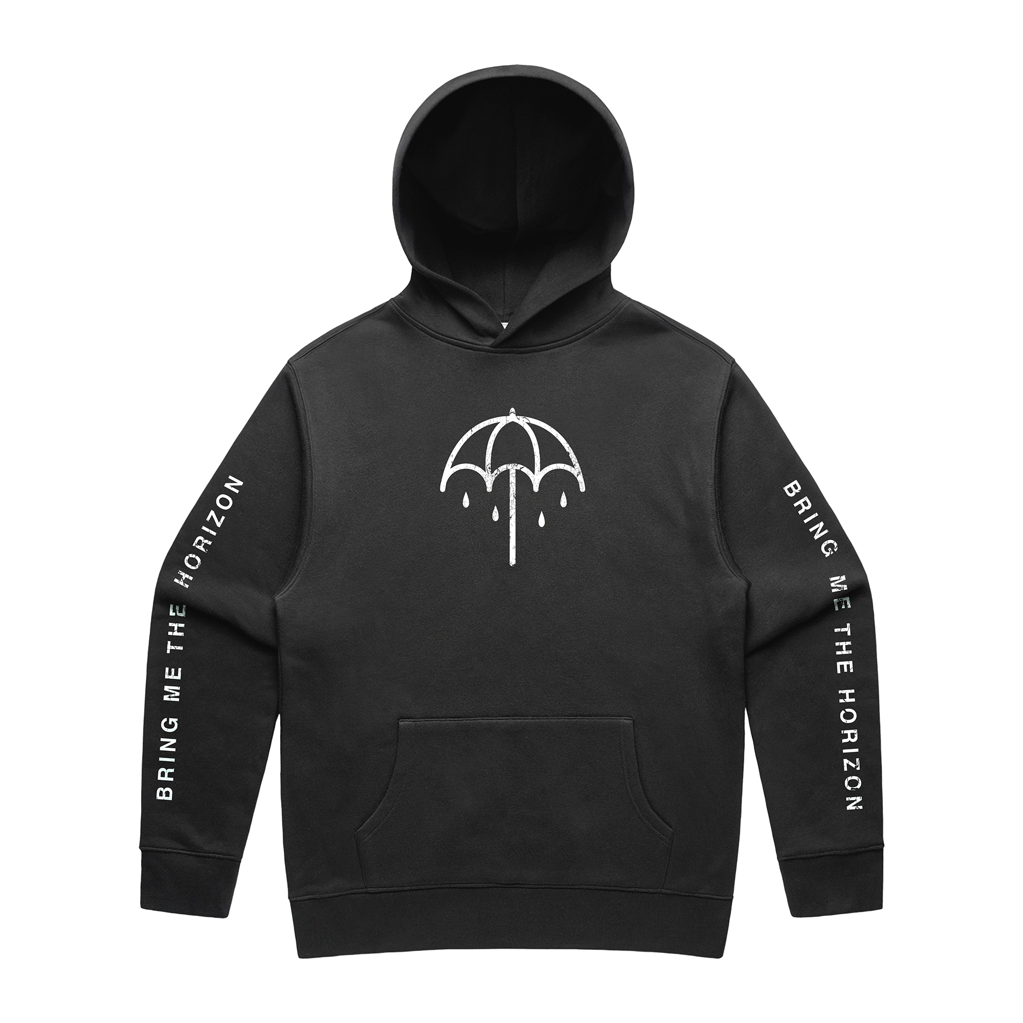 Washed black hoodie with white Bring Me the Horizon text printed along both sleeves and a white umbrella print on the chest.