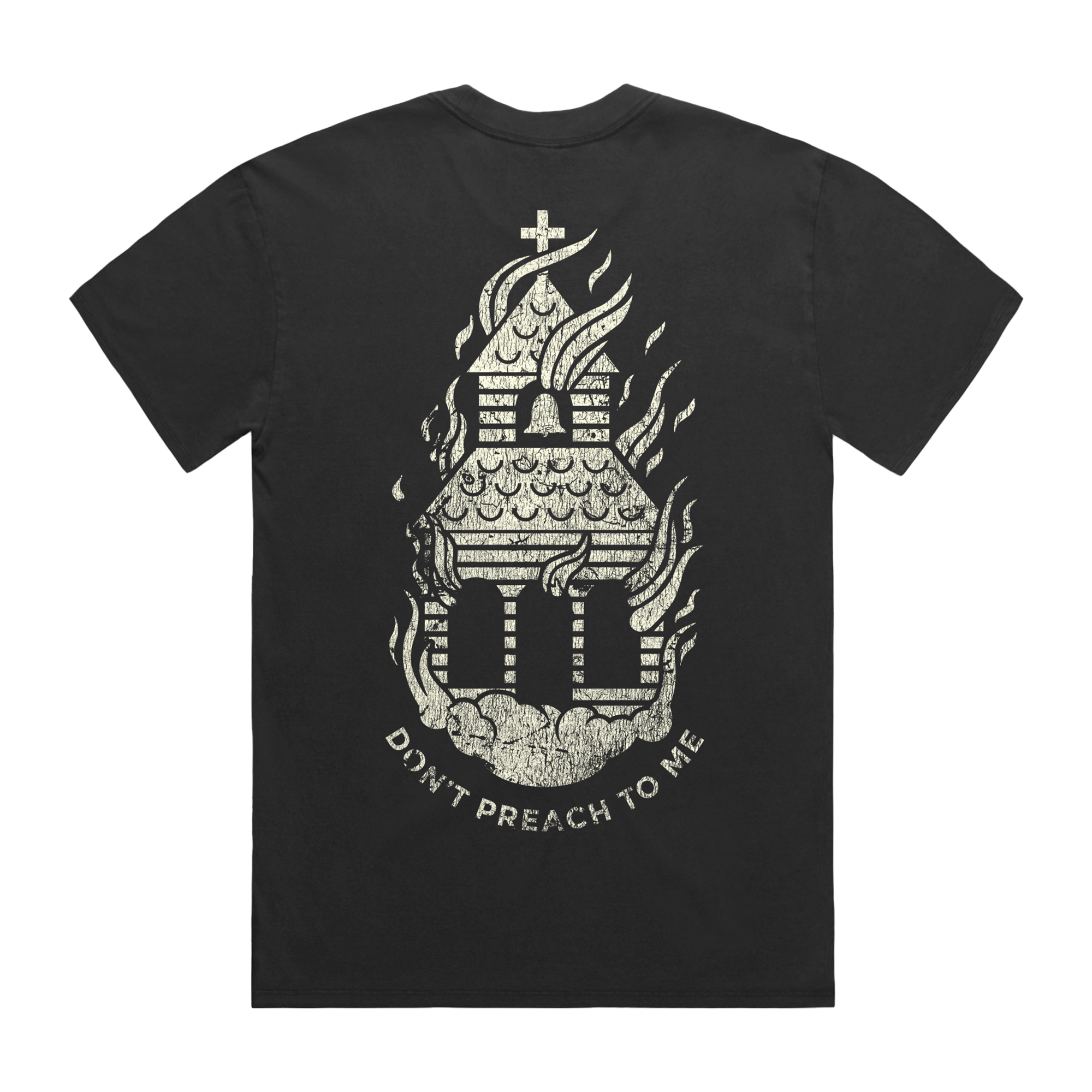 Black short-sleeve T-shirt with a BMTH “Don’t Preach Me” burning church print across the back.