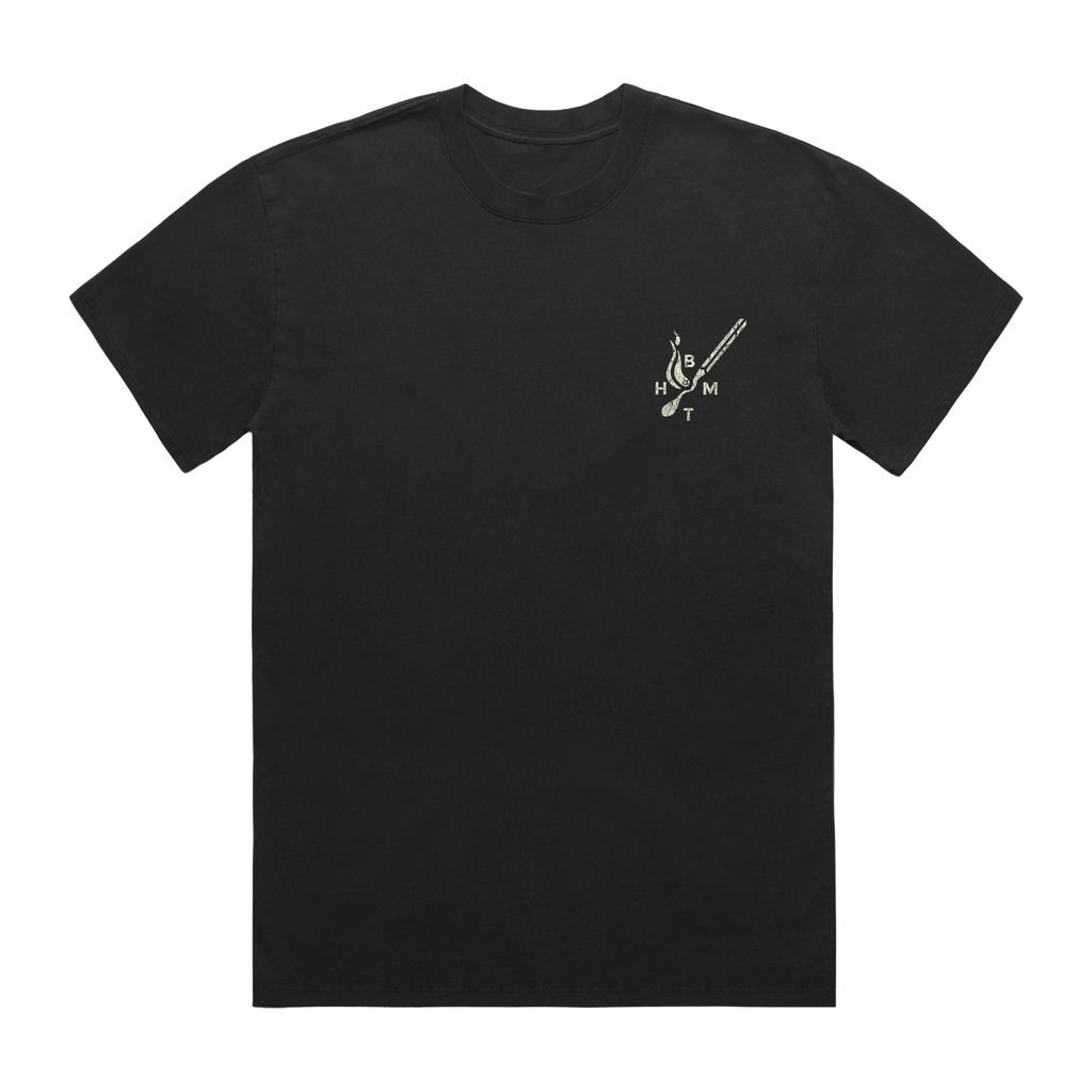 Black short-sleeve T-shirt featuring a BMTH matchstick print on the right chest.