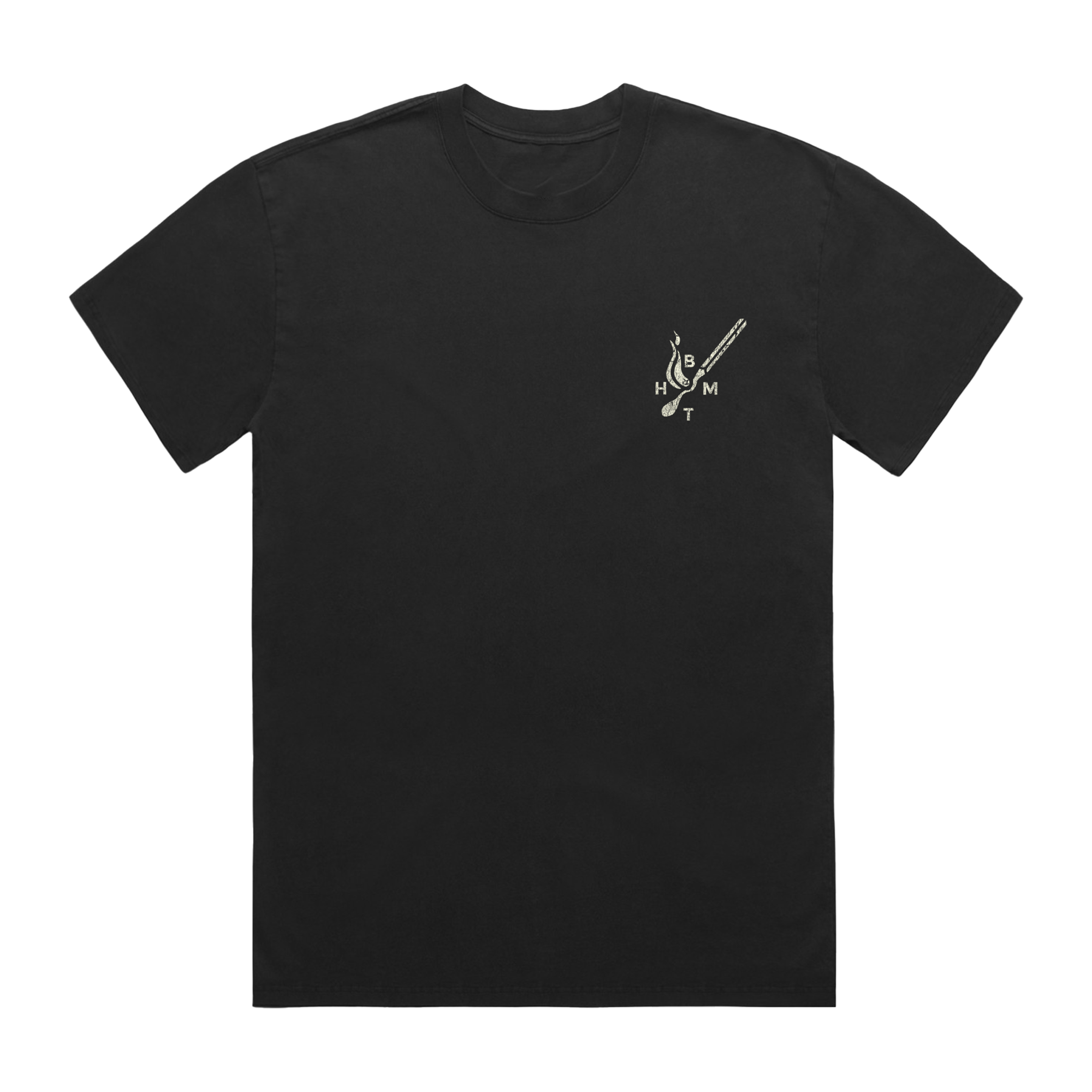 Black short-sleeve T-shirt featuring a BMTH matchstick print on the right chest.