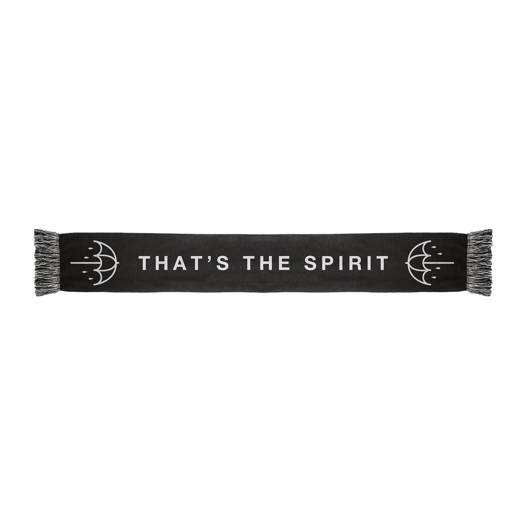 Black frill scarf featuring white “THAT’S THE SPIRIT” text across the middle and white umbrella prints on each side.