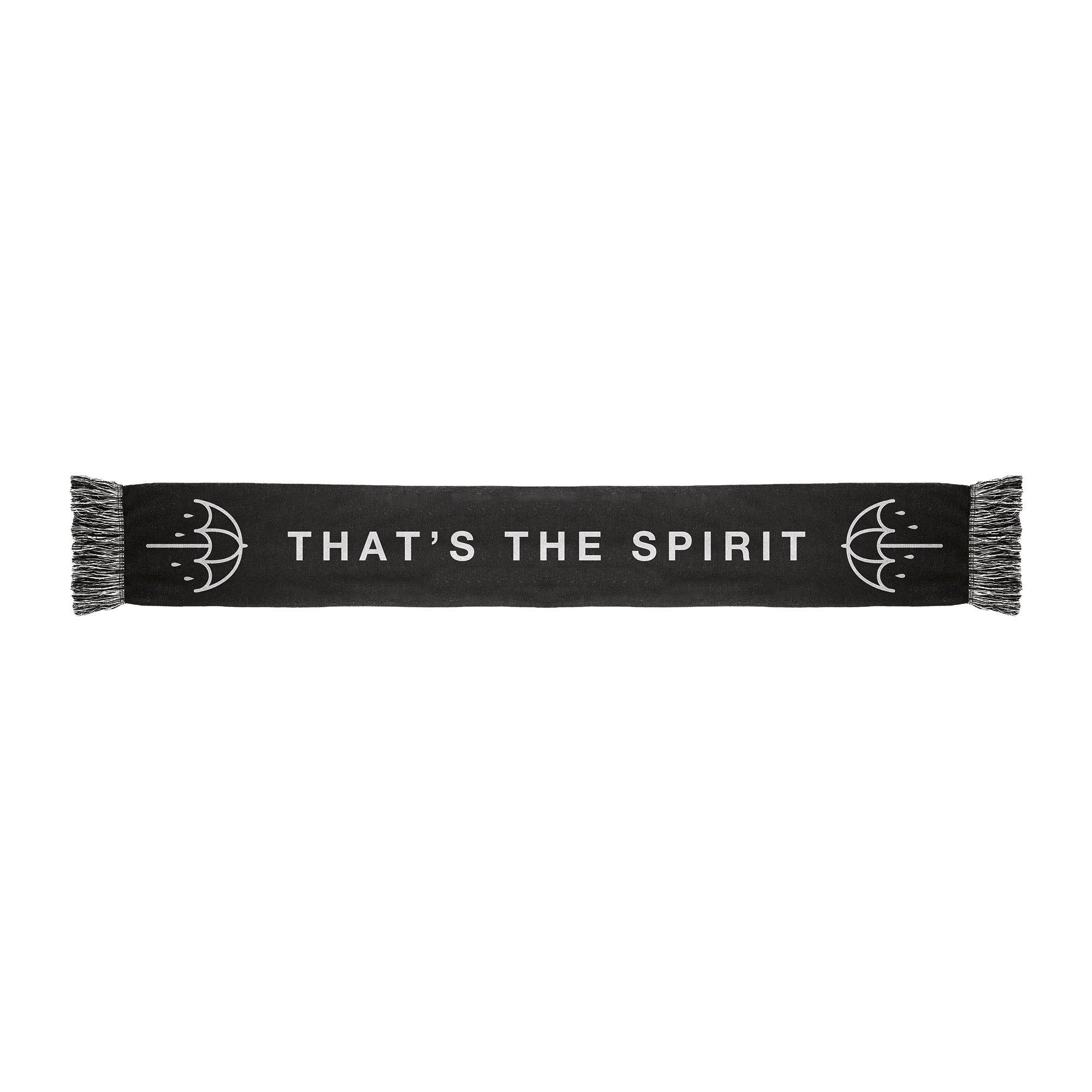 Black frill scarf featuring white “THAT’S THE SPIRIT” text across the middle and white umbrella prints on each side.