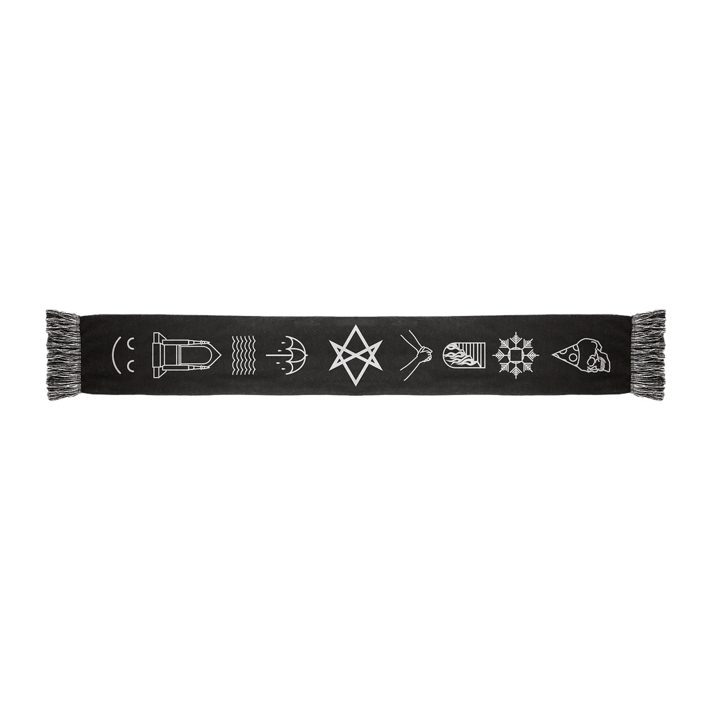 Black frill scarf featuring white “THAT’S THE SPIRIT” symbols 