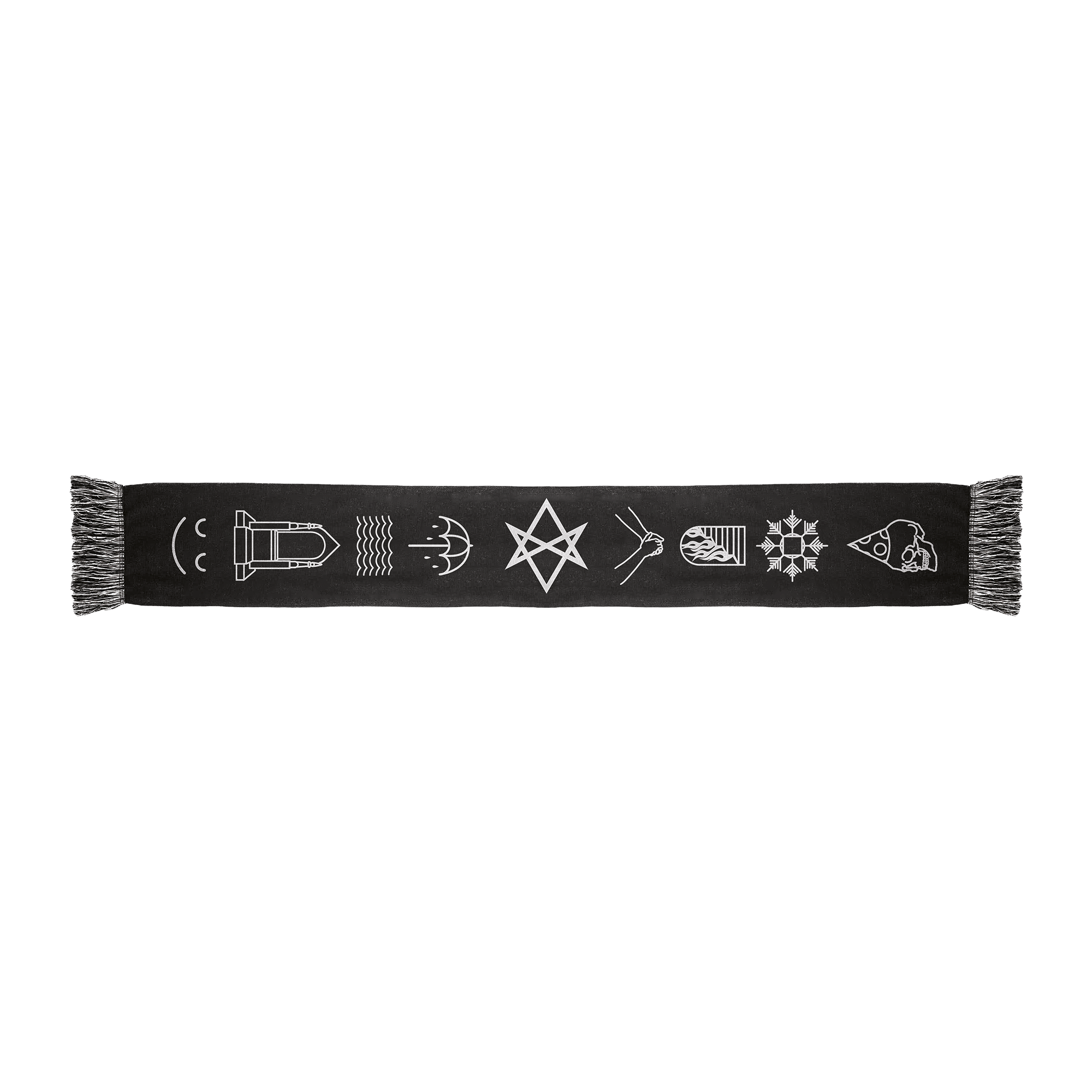 Black frill scarf featuring white “THAT’S THE SPIRIT” symbols 