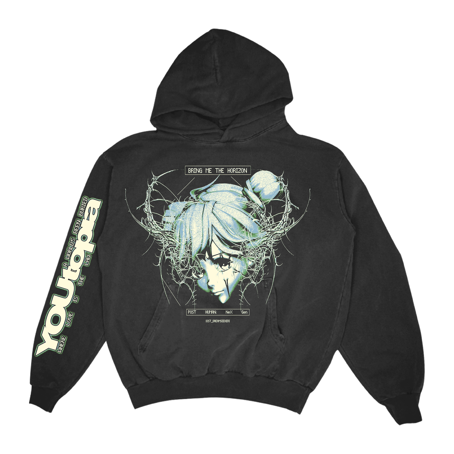 Black unisex hoodie with Bring Me the Horizon Youtopia print across the front and along the right sleeve