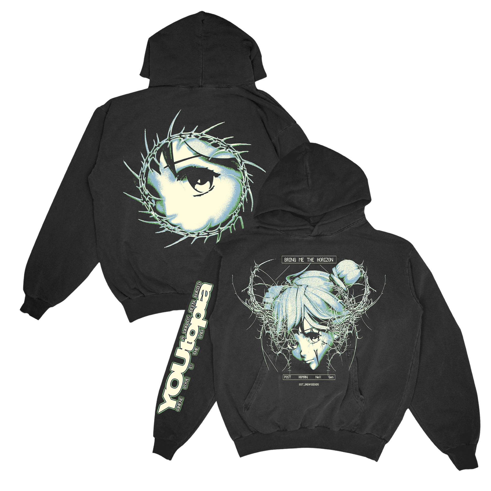 Black unisex hoodie with Bring Me the Horizon Youtopia print across the front and back, and along the right sleeve.