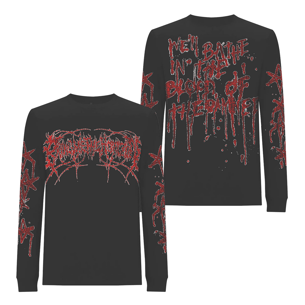 Black unisex long-sleeve regular fit T-shirt with red Bring Me the Horizon text print across the front and along the sleeves, and 'We Bathe in the Blood of the Damned' text print across the back.