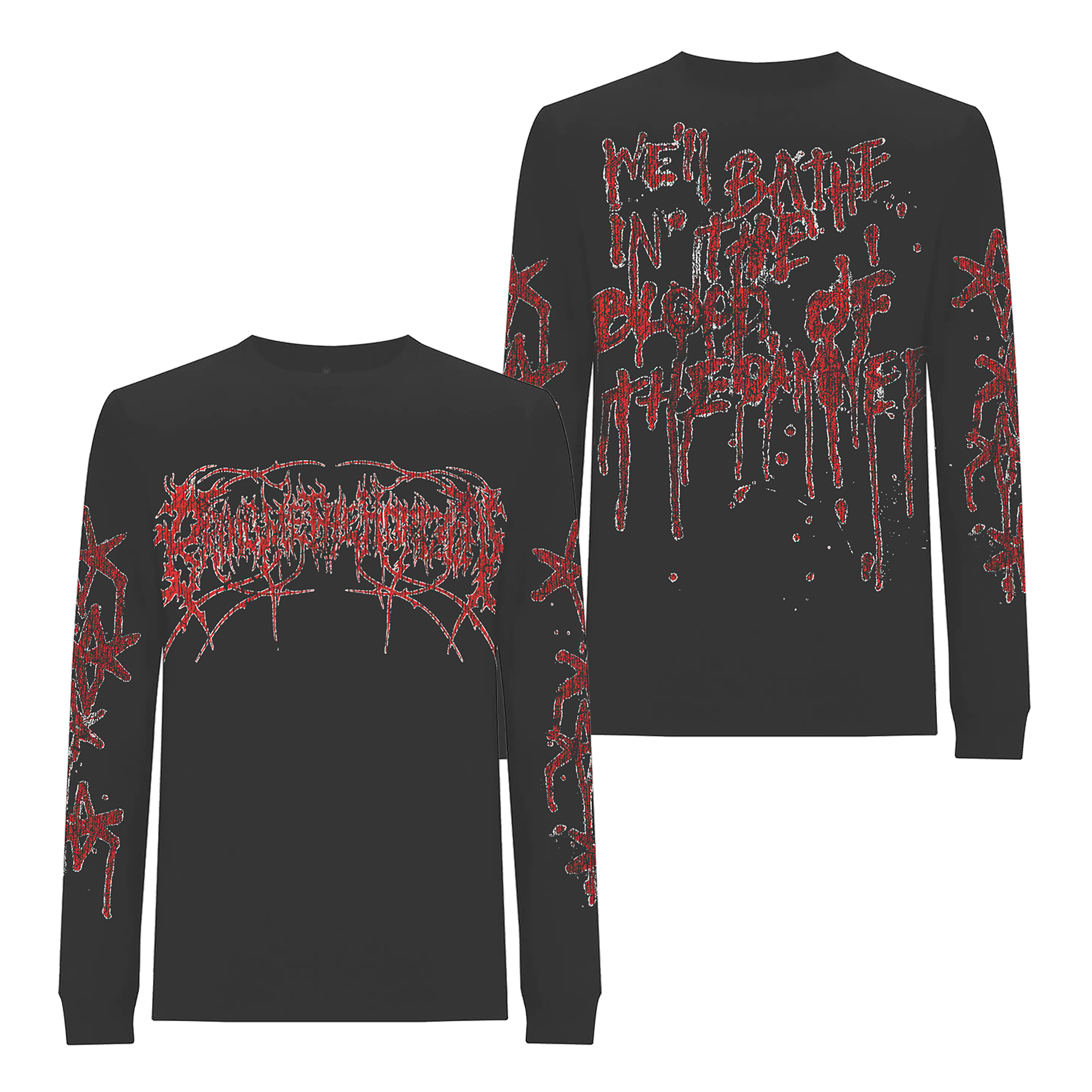 Black unisex long-sleeve regular fit T-shirt with red Bring Me the Horizon text print across the front and along the sleeves, and 'We Bathe in the Blood of the Damned' text print across the back.